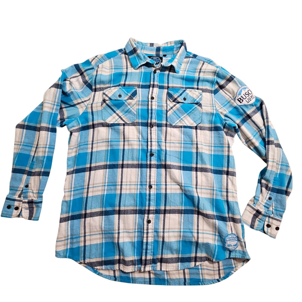 Angry Minnow Flannel Shirt XL Blue Busch Light Beer Patch Plaid Button Down
